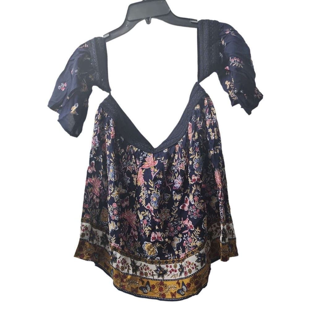 Ganji‎ Floral Off Shoulder Top Bohemian Blouse Short Sleeve Navy Size L